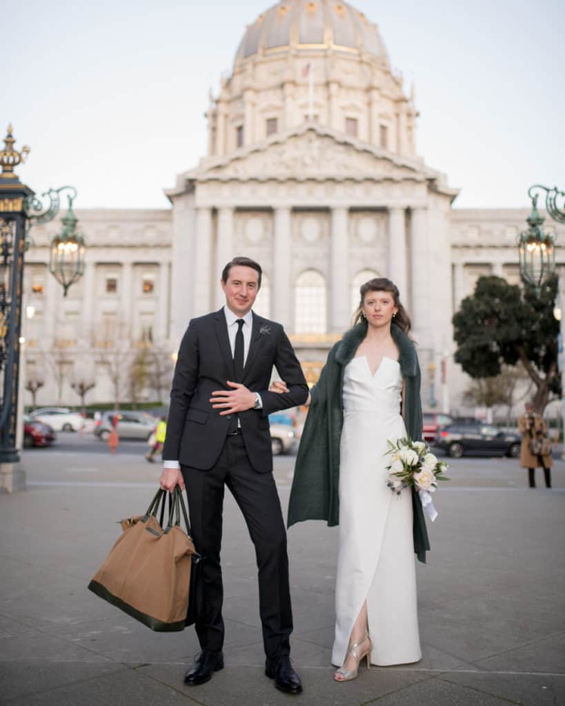SF City Hall + Veteran Memorial park wedding couple